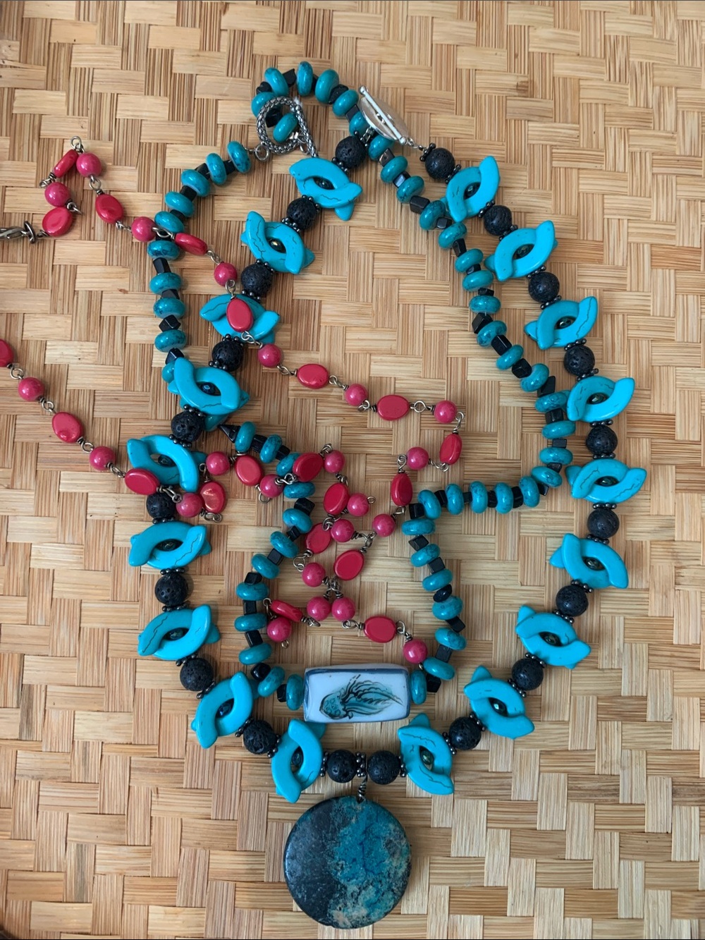 3 necklace lot: 2 w Turquoise & Coral Bead (one w jelly fish), pink beads